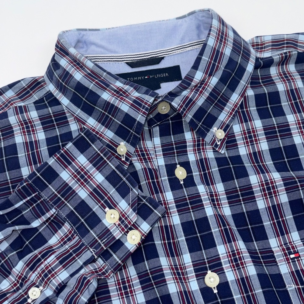 Tommy Hilfiger Mens Large Blue Plaid Button Down Long Sleeve Cotton Shirt
